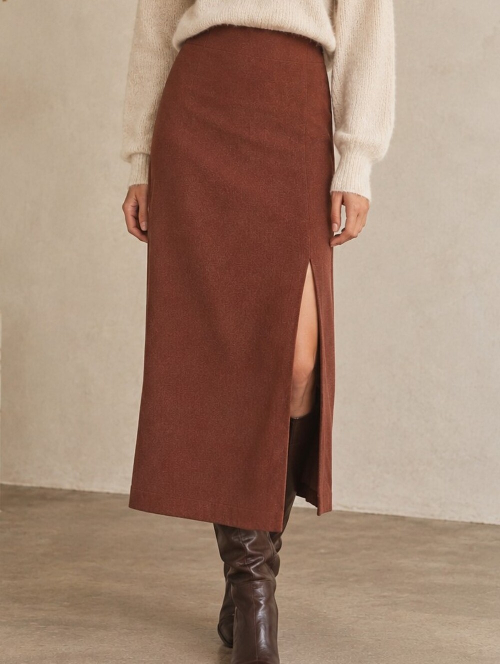 Aritzia Wilfred Strech Knit Maxi Skirt Brown Slit Pull-on Minimalist Boho Fall